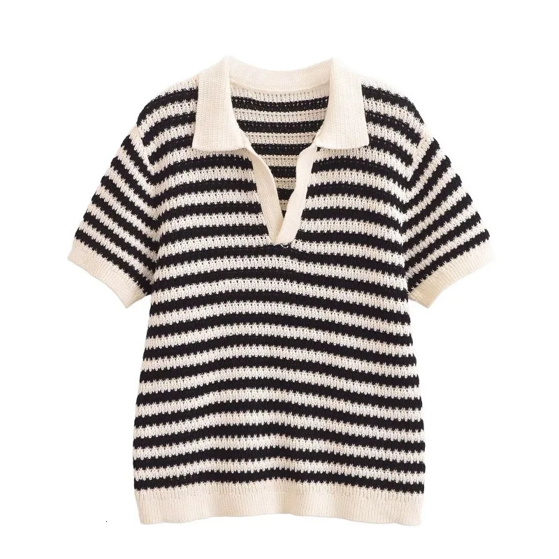 TRAFZR 2025 Womens Striped Knit Cotton TShirt Polo Collar Short Sleeve Casual Spring Summer Daily Street Weekend Wear 250729