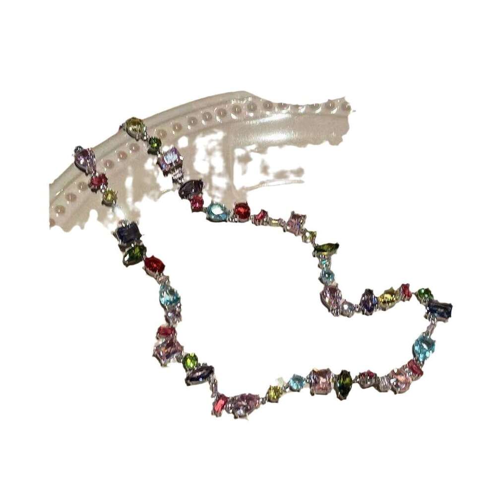 Sweetheart Candy Colorful Crystal Zircon Necklace Color-Block Inlaid Dia Rainbow Choker High-End Clavicle Chain