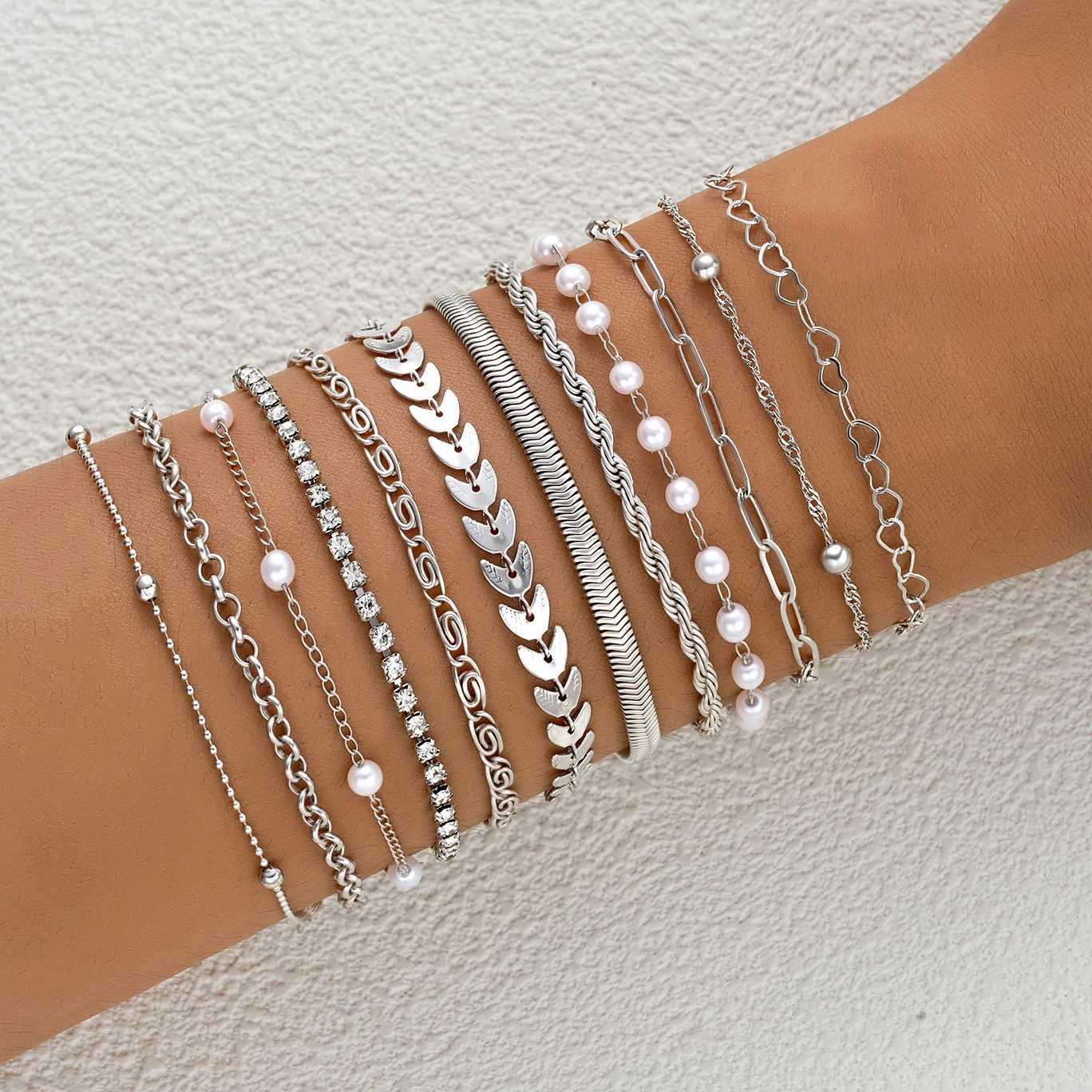 12pcs Boho Heart Twisted Snake Chain Bracelets For Women Imitation Pearl Fish-Tail Paperclip Bracelet Set Summer Holiday Jewelry W250807