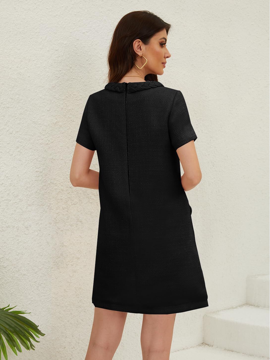 Women's Short Sleeve Crew Neck Tweed Dress A-line Button Part Elegant Mini Dresses