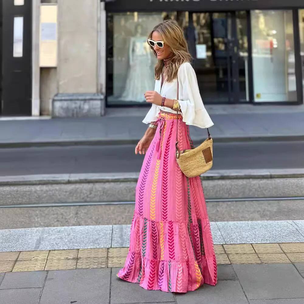 2025 Summer New Women's A-line Skirt Beach Holiday Printed Lace up Skirt Casual Long Skirt Loose High Waist Bohemian Women's fashion Summer 