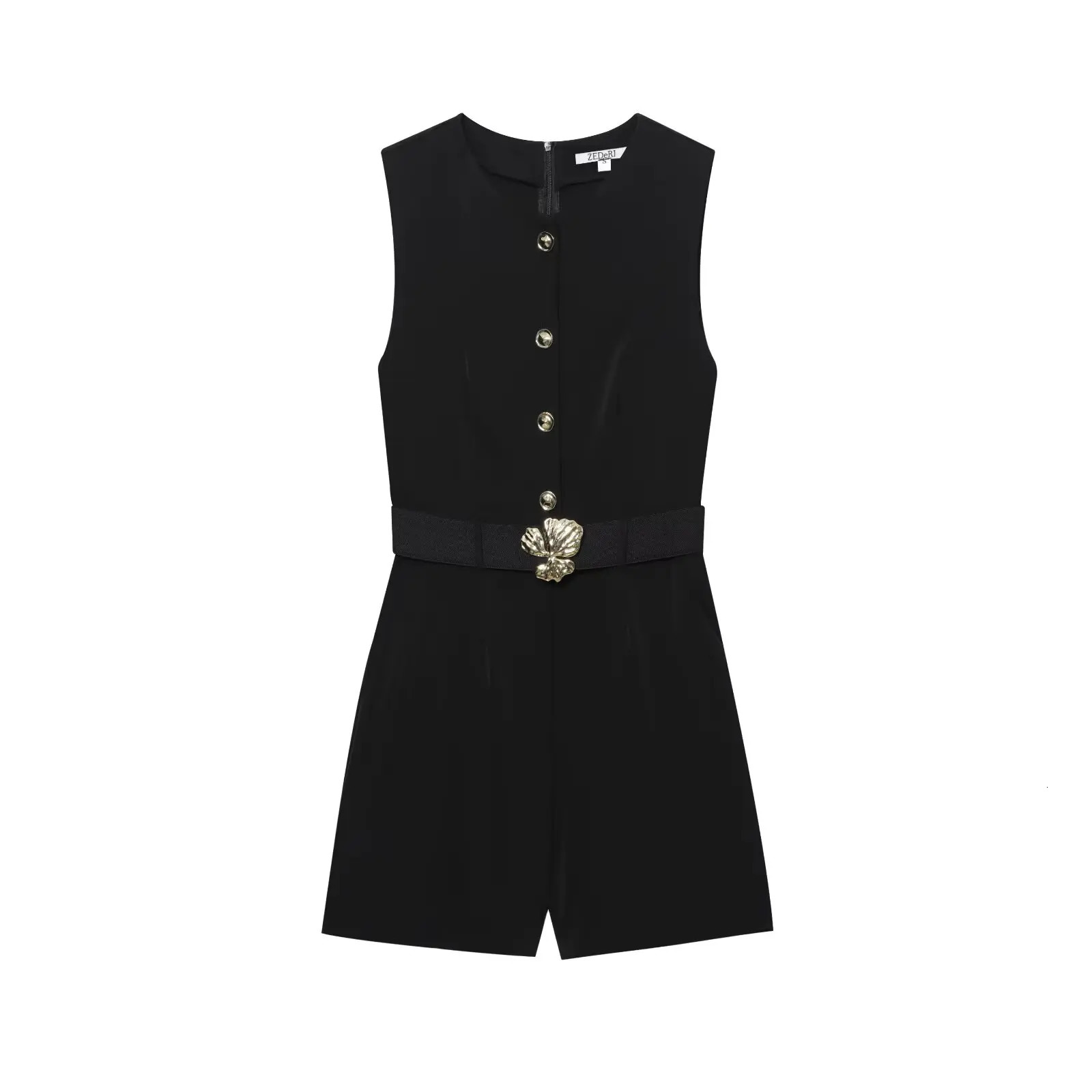 Womens Summer Black Round Neck Button Zipper High Street Sleeveless Jumpsuit Fashion Belt Decoration 250807