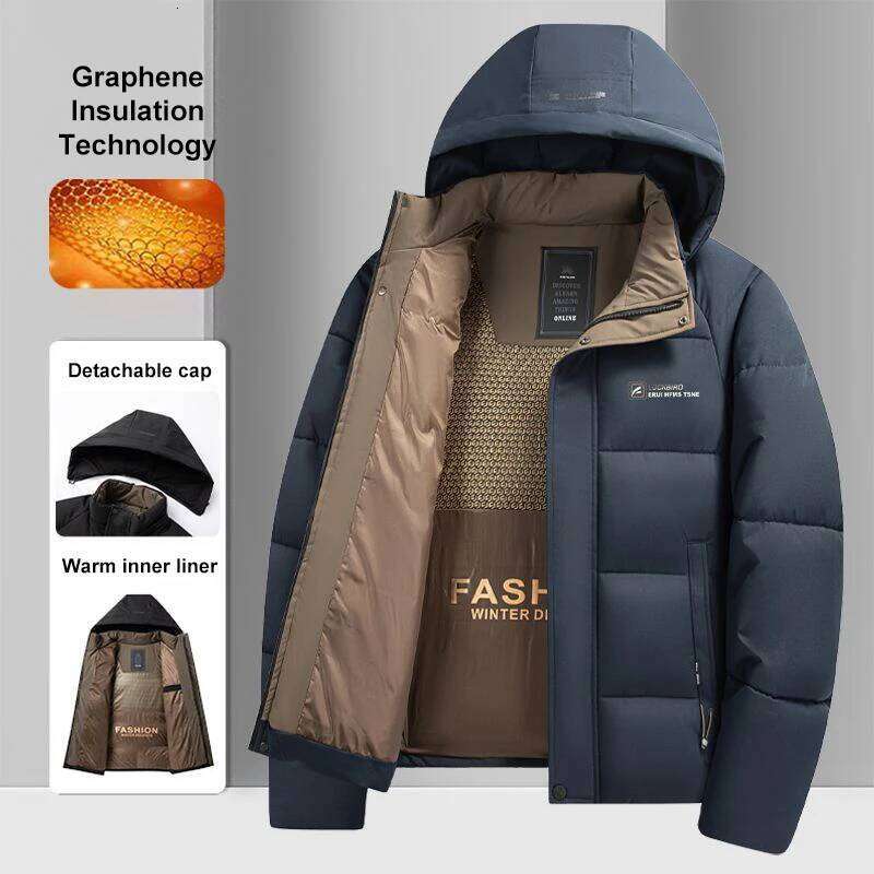 Graphene Warm Windproof Jacket Men 2024 Winter New Fashion Comfortable Thickened Outdoor Hooded Overcoat Male Casual Clothes