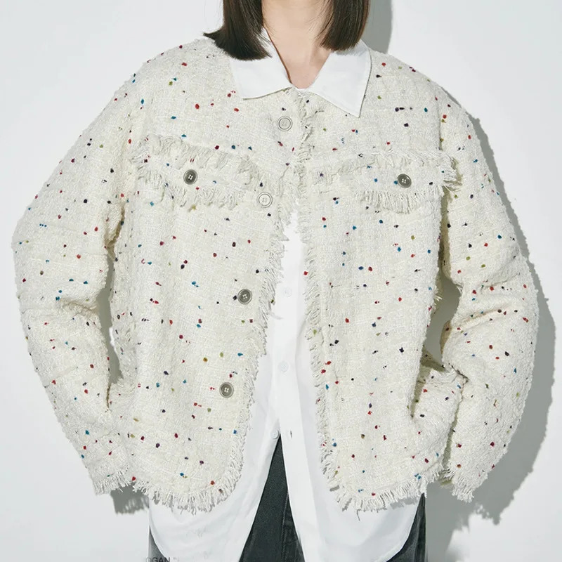 Chic n Tweed Oneck Jackets Tops Korean Fashion Loose Single Breasted Coats Women Casual Vintage Long Sleeve Abrigos Blusas 250807