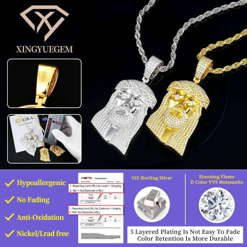 Mens Iced Out Sterling Sier Vvs Dia Mossanite Moissanite Hip Hop Jesus Head Piece Pendant With Rope Chain Necklace c3