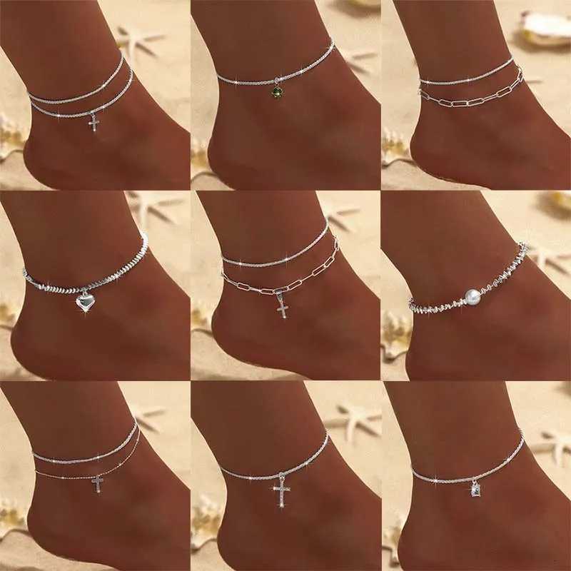 Sparkling Thin Chain Anklet For Women Zircon Heart Cross Pendant Double Layer On Leg Foot Trendy Summer Beach Jewelry Y250805