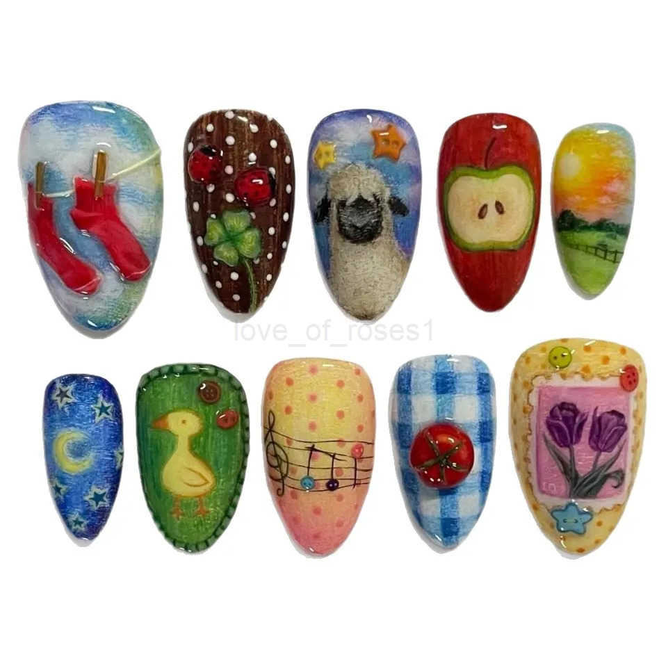 24pcs Cute Cartoon Fake Nail Tips Oil Painting Series Printed Almond Press On Nails Sweet Cool Charming False Nails For Spicy Girl Z250807