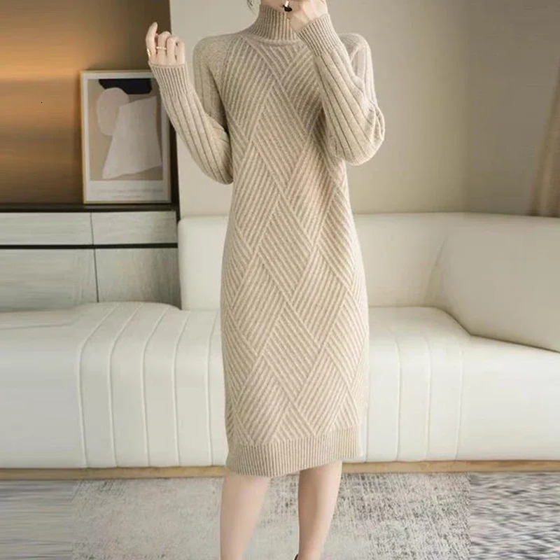 Abrini Autumn Winter Women Wool sweater Dress Mock Neck Ribbed Solid Knit Dresses Elegant Lady Party Bottoming Cashmere Vestidos 250806