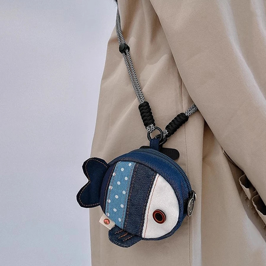 Mini Unisex CowGirl Style Puffer Fish Coin Purse Fashionable Versatile Denim Earphone Bag Cute Patchwork n 2025 250805