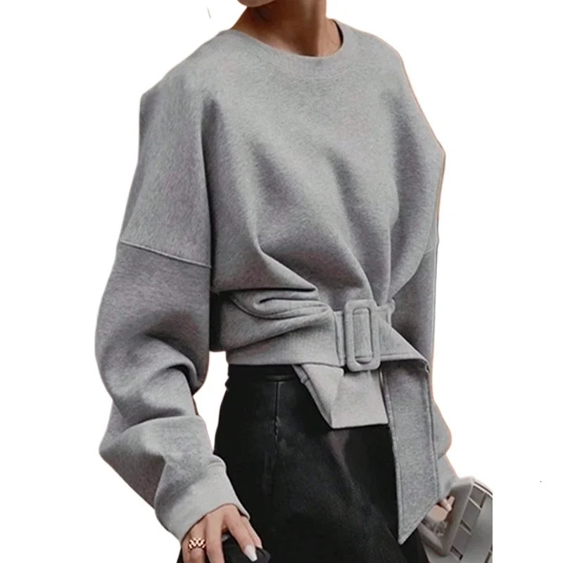 Modigirl Winter Fall Womens Sweatshirts Tops Gray Belt Buckle Round Neck Long Sleeves Hoodies Pullovers Female Spring 250804