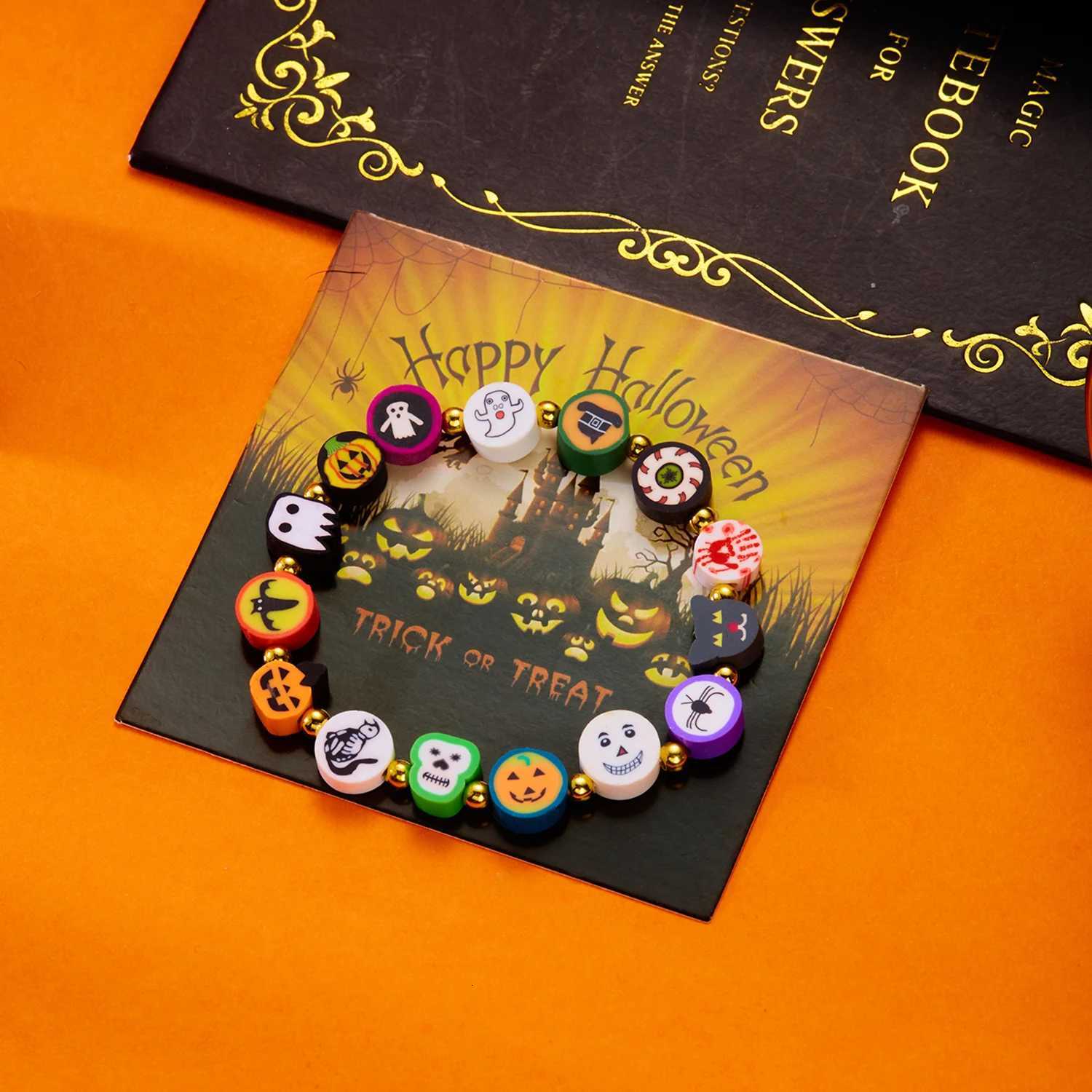 Halloween Cute Cartoon Pumpkin Ghost Skull Beaded Bracelet for Women Men Kids Resin Charm Jewelry Festival Family Gift W250807