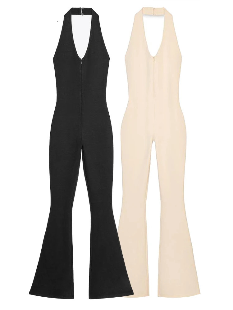 Fashion Halter Neck Flare Jumpsuit For Women Elegant Backless Sleeveless Slim Fit Stretch One Piece Romper Street Chic Bodysuits 250807