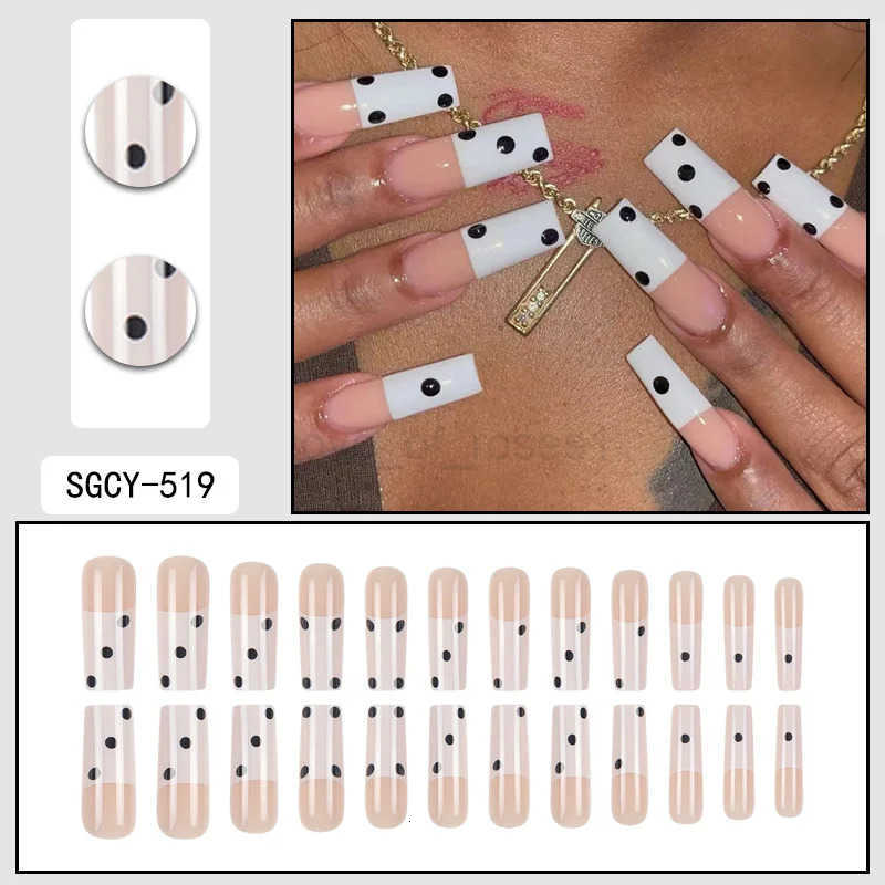 24-Piece Coffin-Shaped Extra Long ABS Fake Nails Black Spots French Pressed Design with Square Pattern for Fingers Z250807