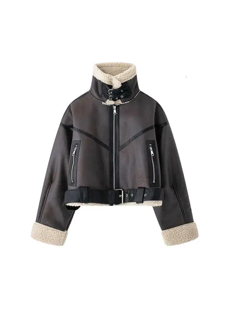 TRZA Winter Women Fashion With Belt Suede Lamb Leather Jacket Coats Faux Shearling Sheepskin Leather Outerwear Chic Tops 250804