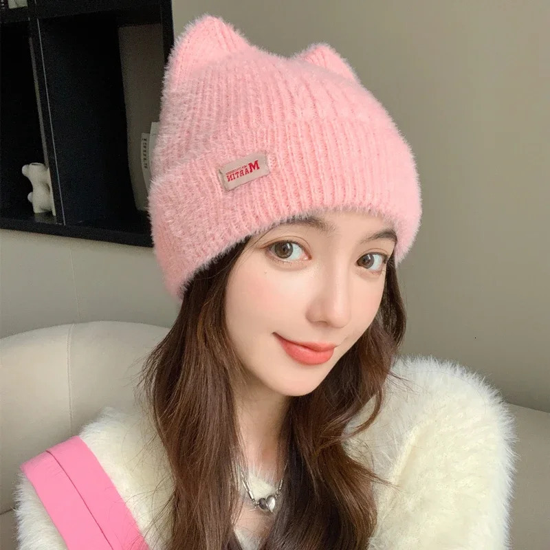 Women Cute Cat Ear Earflap Winter Hat Fashion Faux Fur Knitted Hat Kpop Style Soft Beanie Hats Candy Female Streetwear Cap 250805