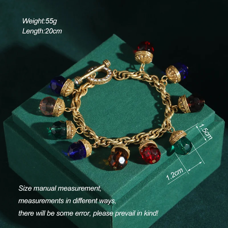 Vintage Multicolor Crystal Chain Bracelet - 18K Gold Plated Adjustable Womens Jewelry Gift 250730