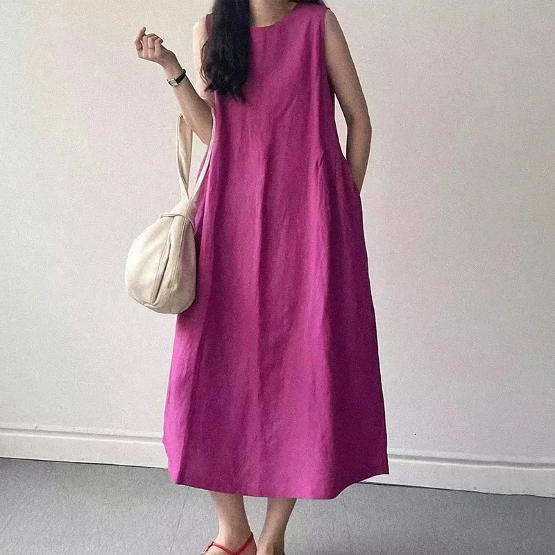 Minimalist Summer Lazy Style round Neck Long Oversized Sleeveless Dress Maxi Comfortable Loose Fit VNeck KneeLength Dres 250807