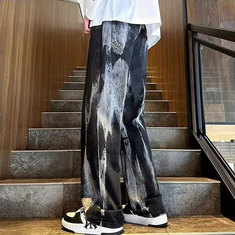 Spring Mens Goth Black Tiedye Jeans Hip Hop Fashion Gradient Wideleg Denim Pants Y2K Vintage Baggy Jean Hombre 250807