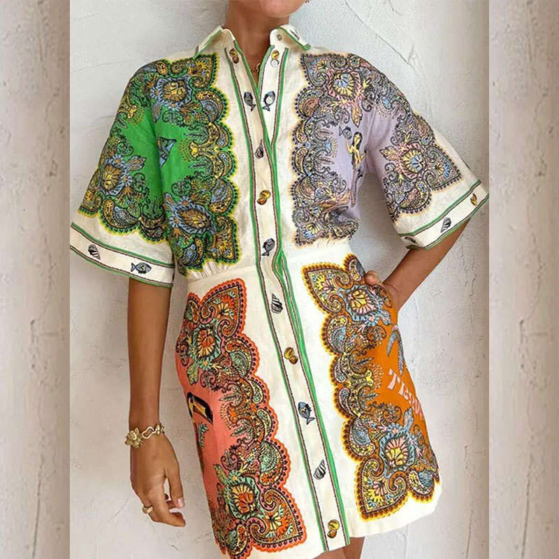 Women's New Style Turn-Down Collar Single-Breasted Printed Three-Quarter Sleeve Casual Dress B5 h7