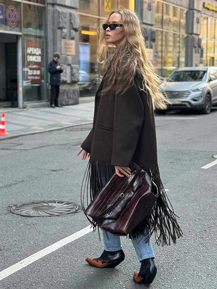 Fashion Woolen Tassels Long Coats For Women Turn-down Collar Single Breasted Pockets Jacket Female Elegant Solid Lady Overcoats 250805