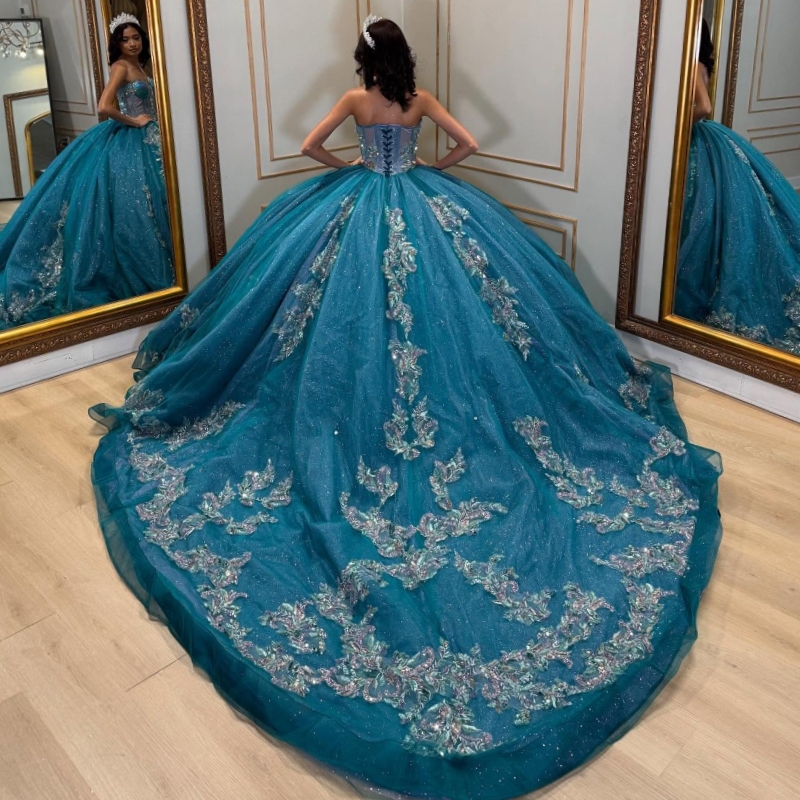 Blue Shiny Quinceanera Dresses Off The Shoulder Applique Lace Beading Crystal Tull Corset Ball Gown Vestidos De 15 Anos Sweet 16 Dress