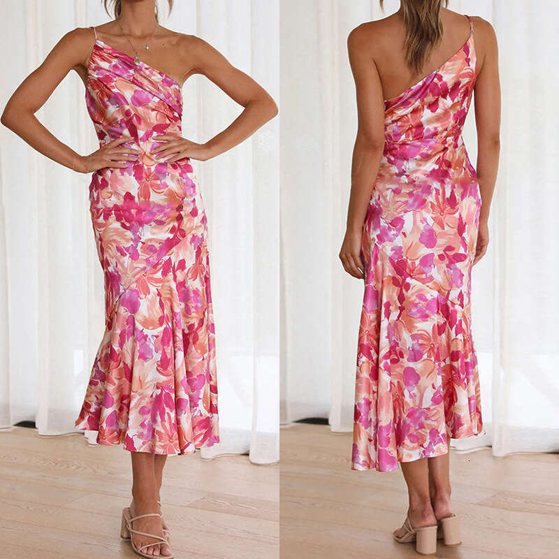 New Women's Sexy Strap Long Printed Asymmetrical Neck Mermaid Dress B5 h7