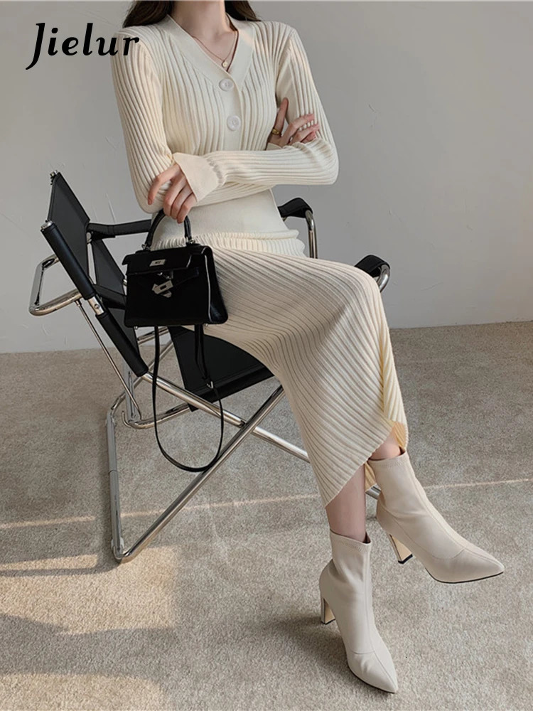 Jielur Vintage Knitted Long Sleeve Dresses Women Slim Bodycon Korean Elegant Dress Lady Winter Buttons V Neck Sweater Midi Dress 250806