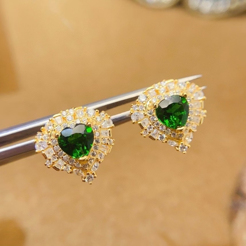 Forest green diopside stud earrings 6mm heart shape natural diopside jewelry allergy free 925 silver earrings for wedding