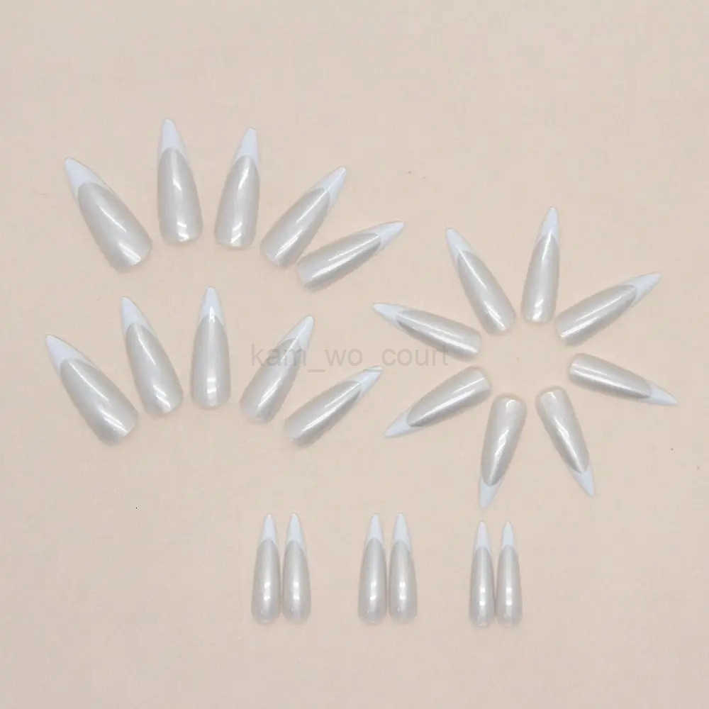 24pcs Long Stiletto French Fake Nails White Edge Simple Aurora False Nails Full Cover Press-on Nails DIY Detachable Manicure M250807