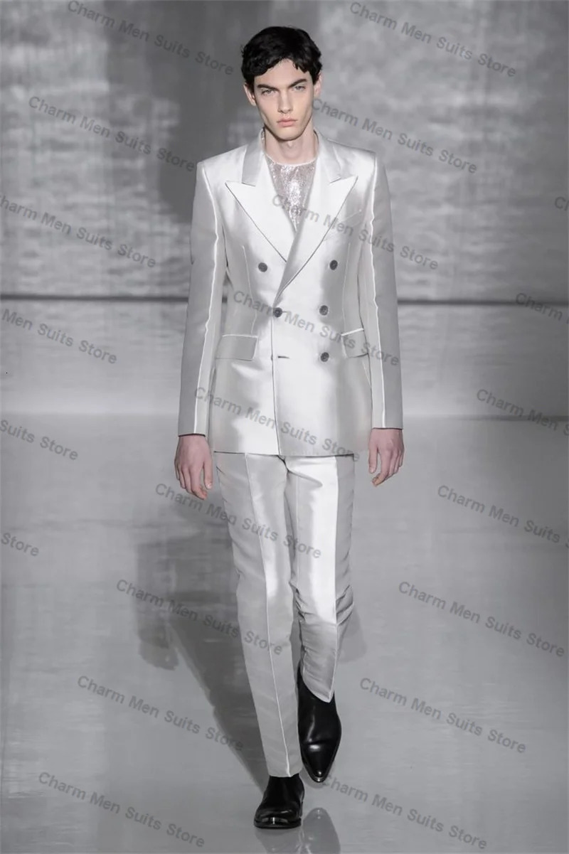 White Satin Men Suits Pants Set 2 Piece BlazerTrousers Customized Wedding Tuxedo Formal Office Double Breasted Jacket Outfit 250807