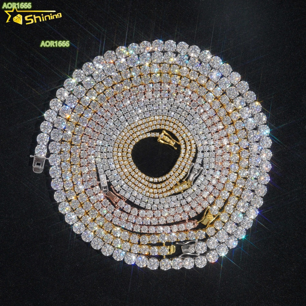 Ship Worldwide 2mm 3mm 4mm Factory Wholesale Solid S925 Gold Plated Hip Hop Necklace VVS D Color Moissanite Diamond Tennis Chain