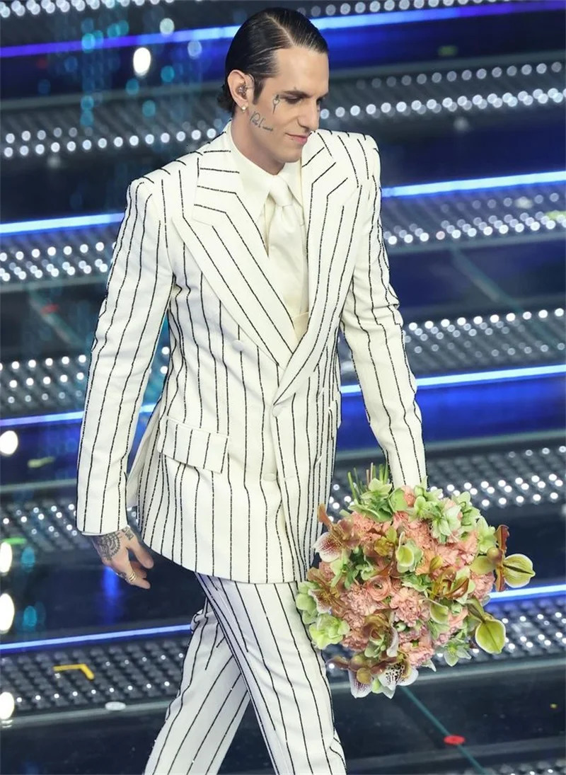 White Pinstripe Men Suits 3 Piece Long OvercoatBlazerPants Wedding Tuxedos Coat Custom Made Formal Office Jacket Trousers 250807