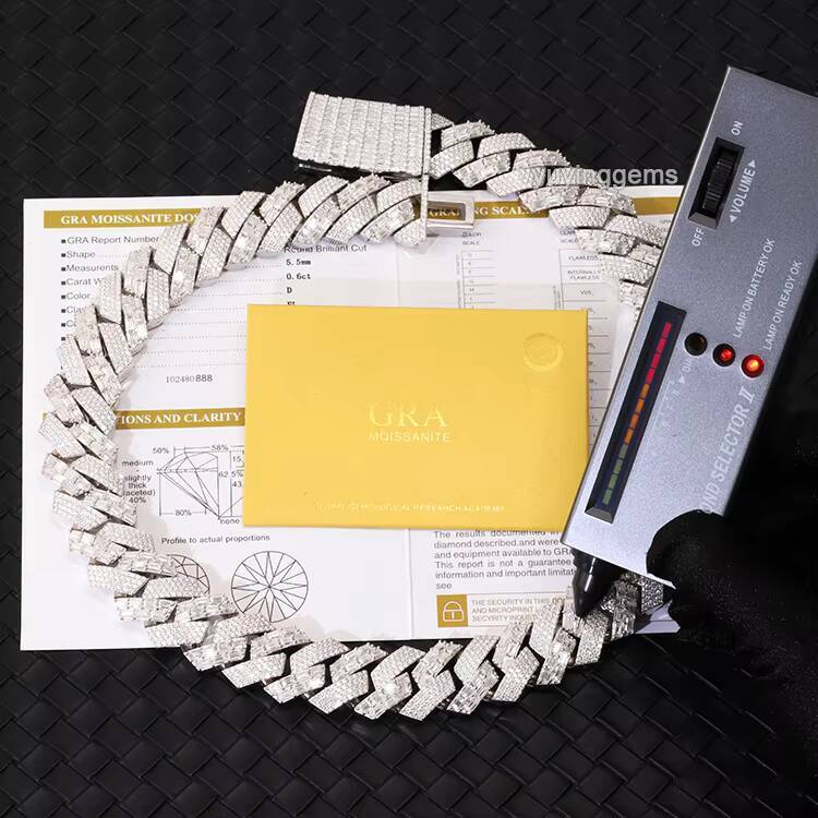 Luxury Jewelry 18K Gold Plated 925 Solid Silver Baguette Moissanite Diamond Necklace Cuban Link Chain