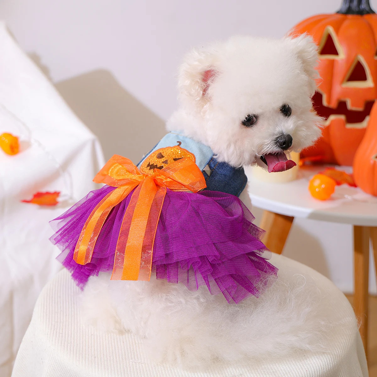 1PC Quirky Pumpkin Skirt Pet Clothes Dog Cat Autumn Halloween Orange Bow Sleeveless Wedding Dress 250805