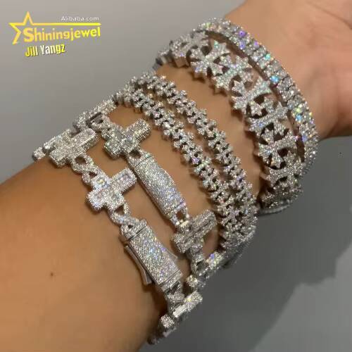 Cross Moissanite Cuban Bracelet Ready Stock Hip Hop Rock Moissanite 925 Silver Religious Jewelry Diamond Cuban Link Chain