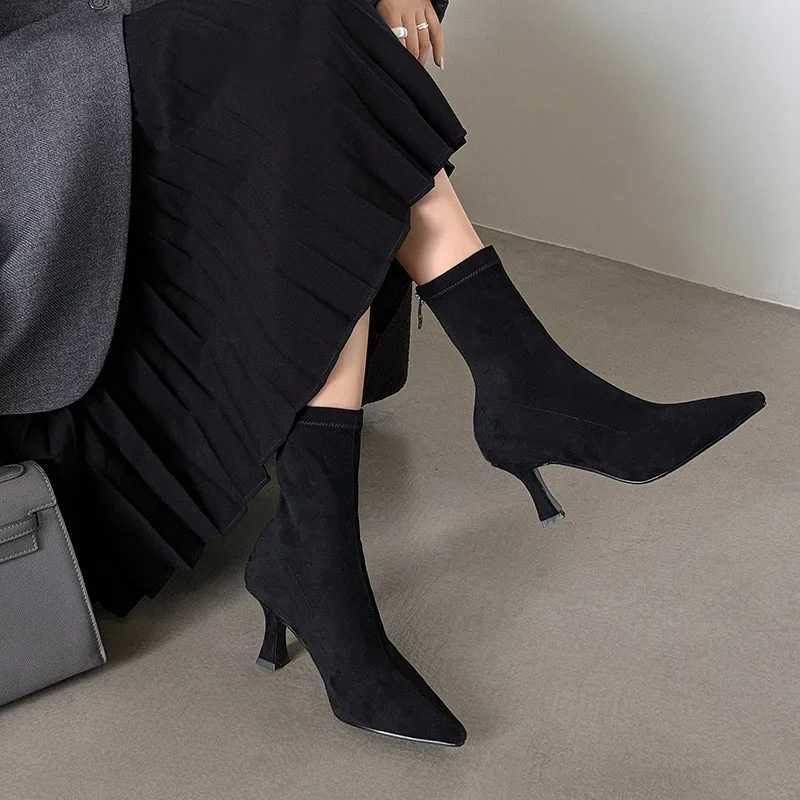 Spring and Autumn Female Commuter High Heels Bare Boots Comfortable Suede Boots Pointed Stiletto Heels Elastic Socks Boots XJ250807