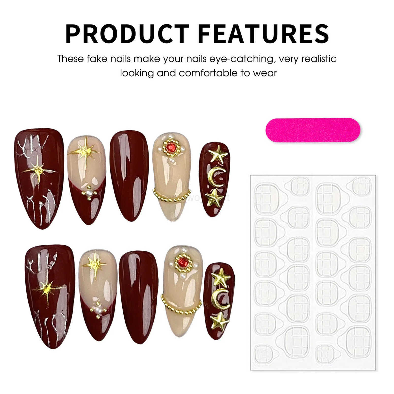 10pcs Nude Wine Red Press On Nails With Pearl Star Moon Shaped Almond Fake Nails For Women And Girls Nail Salon Detachable M250807