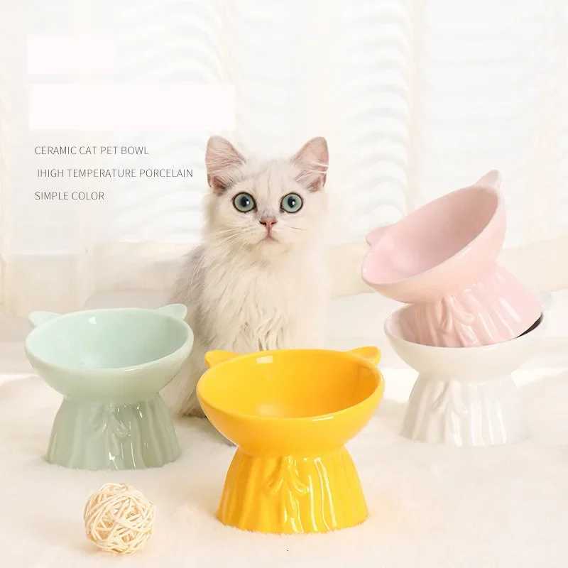 Fashion High Foot Bowl Cat Food Feeder Puppy Bowl Cute Cat Ear Ceramic Water Bowls Protection Neck Cats Bowl Pet Supplies Y250806