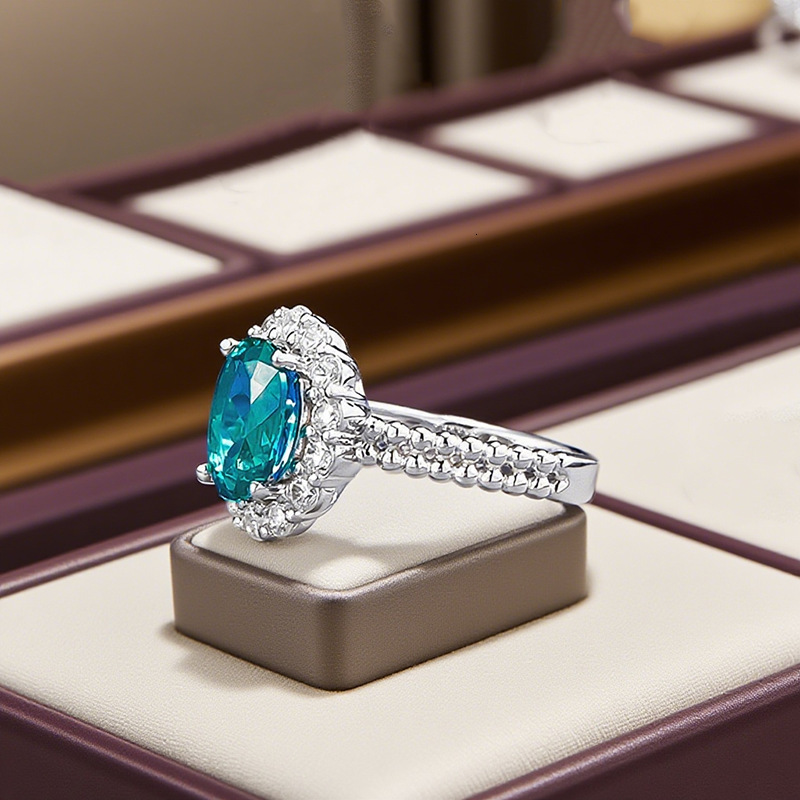 Hui Zhi Wing Jewelry New S Silver Inlaid 1.5 Paraiba Greenish Bottom Ring for Women Daily Wear