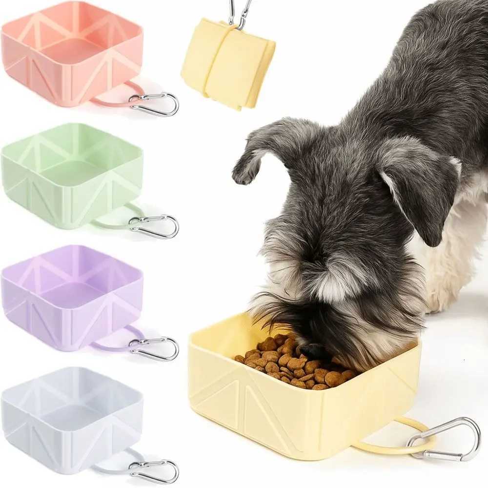 Soft Anti Slip Folding Pet Bowl Food Grade with Carabiner Portable Dog Feeder Square Foldable Silicone Dog Dish Travel Y250806
