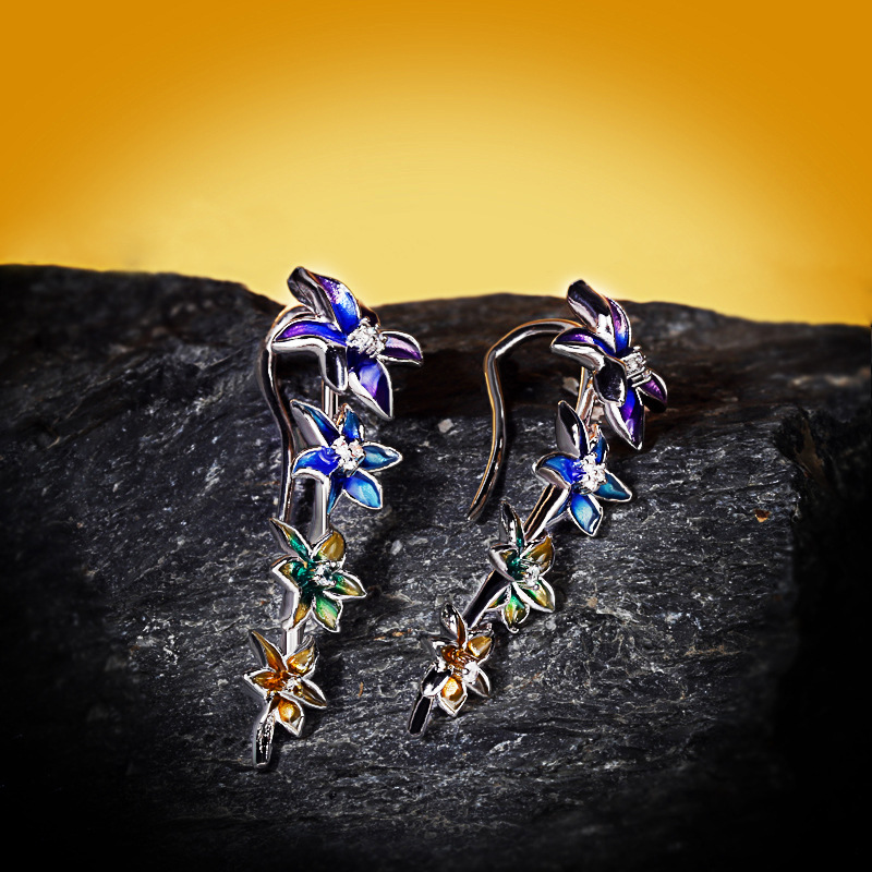 Silver Tone Gradient Enamel Flower Linear Drop Earrings With CZ Accents Artistic And Colorful Outfit Accessory Gift For Her Exquisite And Eye-Catching