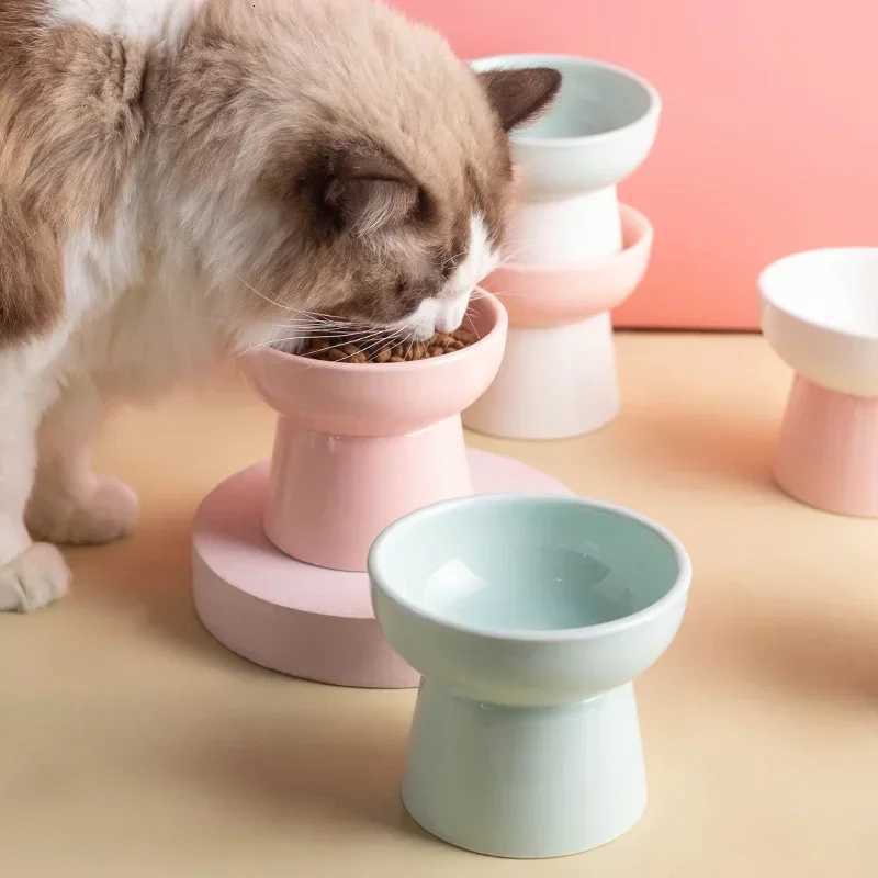 Easy To Clean Ceramic Pet Bowl High Foot Dog Cat Food Water Feeder Prevent Tipping Over Dog Food Bowl Pet Accessories Y250806