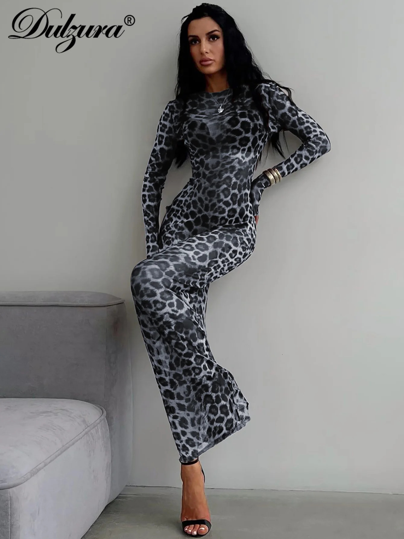 Dulzura Sexy Elegant Maxi Dress Printed Leopard Long Sleeve Dresses Women Clothes Y2K Lady Party Club Streetwear Holiday 250805