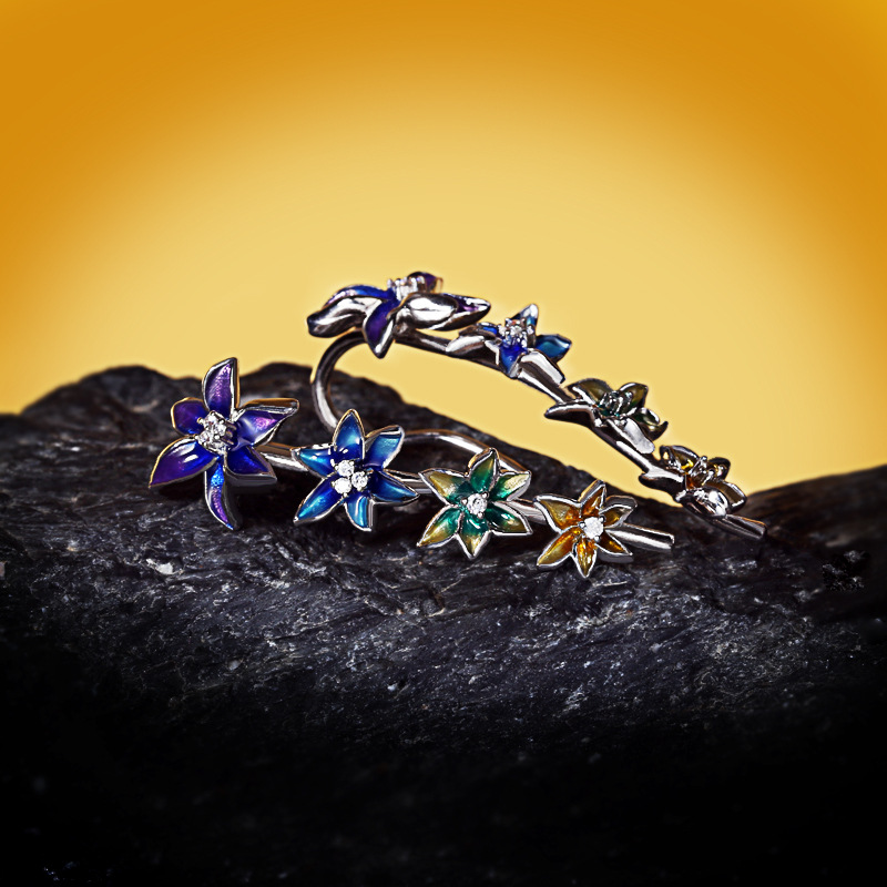 Silver Tone Gradient Enamel Flower Linear Drop Earrings With CZ Accents Artistic And Colorful Outfit Accessory Gift For Her Exquisite And Eye-Catching