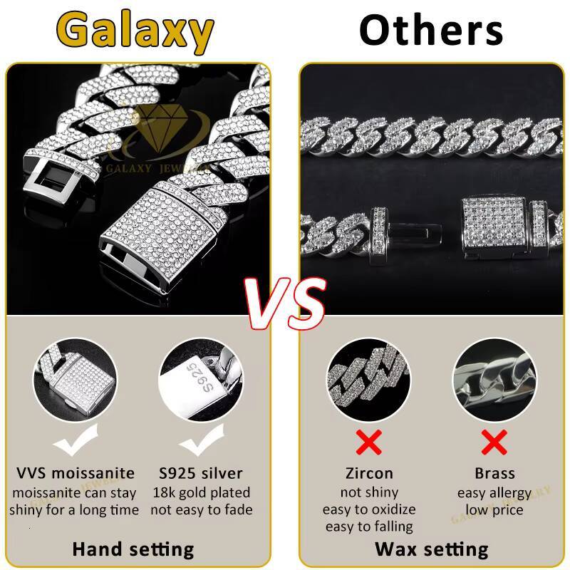 Fine Jewelry 925 Sterling Silver VVS Moissanite Diamond Iced Out 2rows Miami Cuban Link Chain Necklace for Hip Hop Men