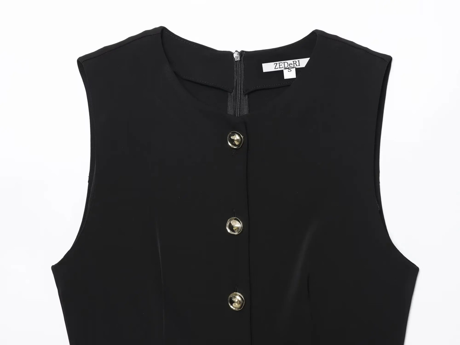 Womens Summer Black Round Neck Button Zipper High Street Sleeveless Jumpsuit Fashion Belt Decoration 250807