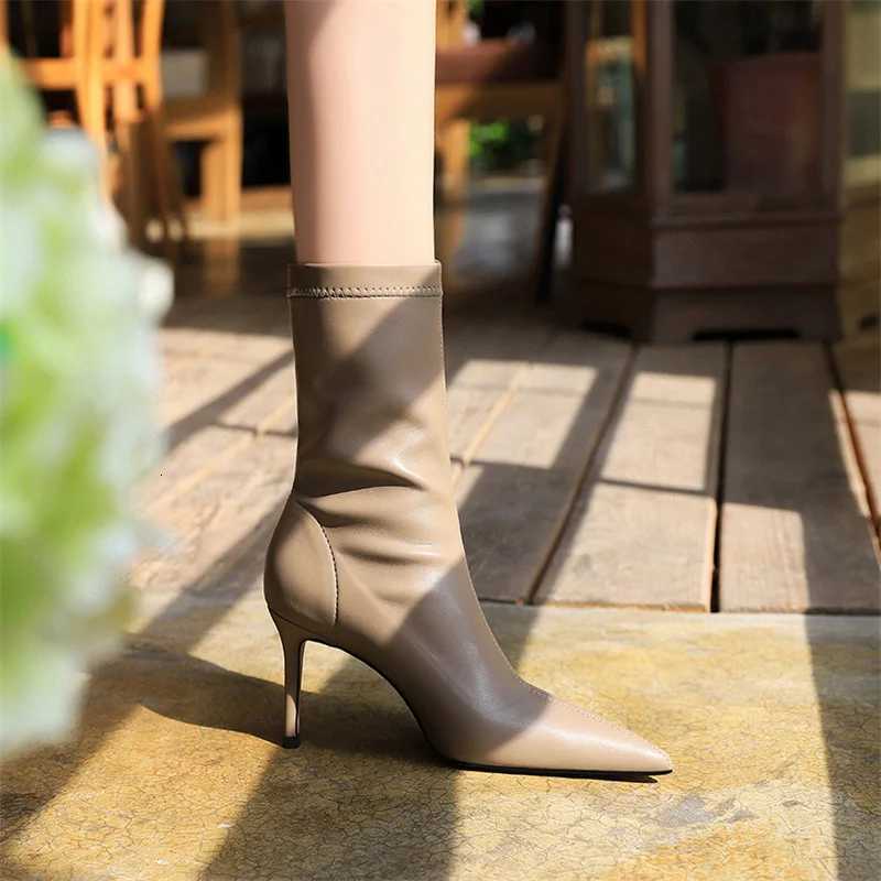 Womens Fi Simple Solid Mid-Calf Boot Sewing Pointed Toe Slip Pu Leather Thin High Heel Mature Modern Short BootsXJ250807