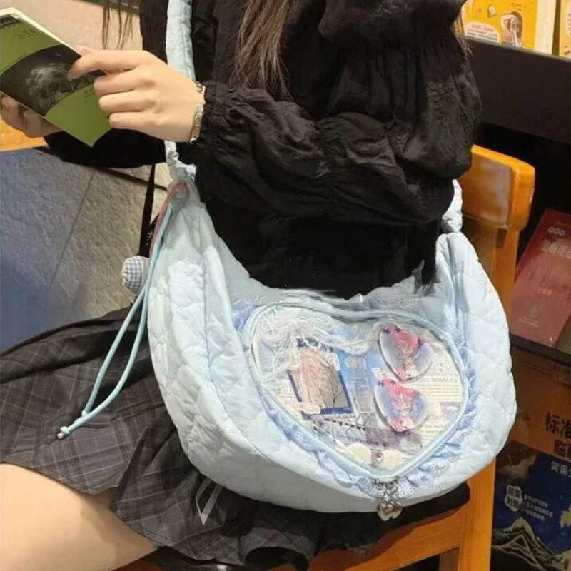 S Pink Cute Womens Shoulder Bag Pleated Love Heart Lolita Jk Ita Bag Drawstring Ballet Style Sweet Fashion Female Handbag 250805