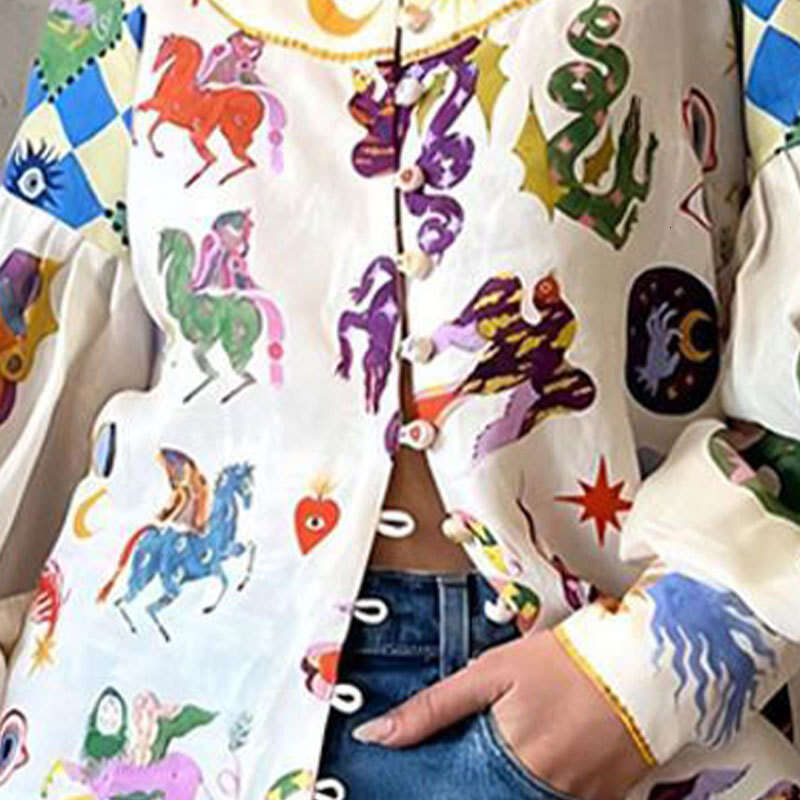 Women's Loose Graffiti Print Turn-Down Collar Lantern Long Sleeve Spring Cardigan Shirt B5 h7