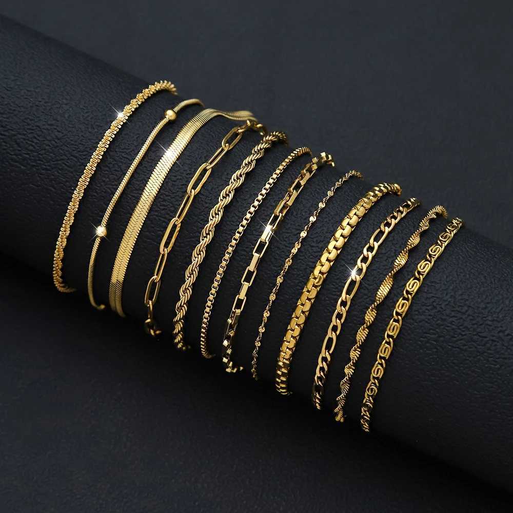 12Pcs/Set Stainless Steel Bracelet for Women Silver Gold Color Multi Style Combination Chain Waterproof Exquisite Jewelry Gift W250807